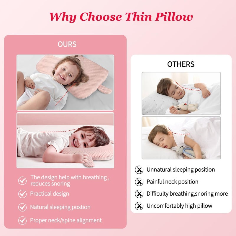 VEMBAP Toddler Pillow for Sleeping, Cool Flat Pillow, Memory Foam Toddler Pillow for Kids, Ultra Thin Design,Easy to Carry for Traveling or Camping (Age 2 to 15)(Pink, 18 in x 10.5 in) - Image 4